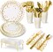 141-piece white and gold party supplies set, designed for 20 guests. This dinnerware set includes paper plates, napkins, cups, and silverware, perfect for weddings, bridal showers, engagement parties, birthdays, and other special occasions, adding an